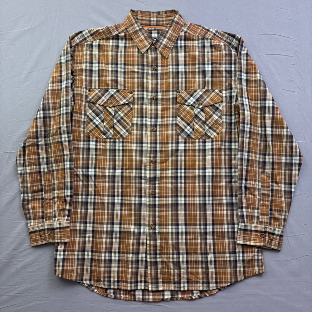 Timberland PRO Mens Plaid Long Sleeve Work Shirt Brown Navy Button Down Utility